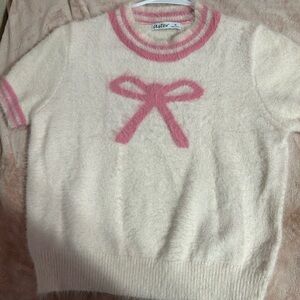 Women's Soft Cream and Pink Bow Sweater
